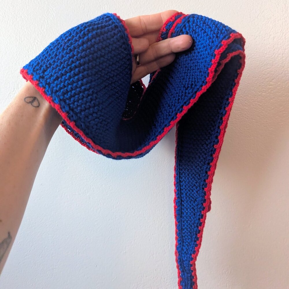 Handmade PetiteKnit Sophie Skinny Scarf Crimson & Cobalt Blue | Scandi Cool Girl - Picture 11 of 15